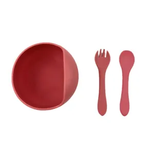 Baby silicone feeding bowl fork spoon set, drop-resistant toddler tableware for daily use.