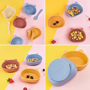 Details of cute bear silicone baby bowl with suction base, safe feeding tableware for toddlers.