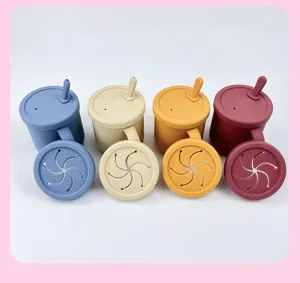 Silicone baby sippy cup and snack cup set, colorful toddler training straw cup details.