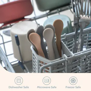 Baby silicone spoon set for infant feeding, food-grade safe tableware, detail view in use.