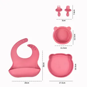 Kids silicone tableware set with bear bowl plate bib and fork spoon for baby feeding