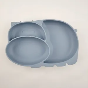 Blue silicone baby divided plate, cute hippo design, safe food grade feeding tableware for kids.