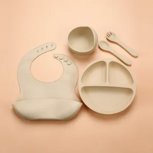 Baby Feeding Silicone Tableware Divided Suction Plate Bowl Bib Spoon Fork Infant Tableware Kitchen Dining