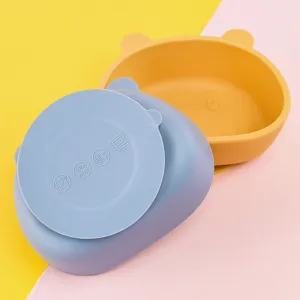 Cute silicone baby bowl with suction base and bear ears, food grade safe, microwave friendly.