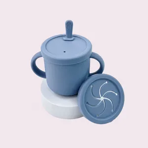 Baby Silicone Sippy Cup And Snack Cup Dual-Use Toddler Water Bottle With Straw And Anti-Scald Handles Feeding Tableware