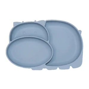 Silicone baby divided plate cartoon animal feeding dish toddler food tableware blue.