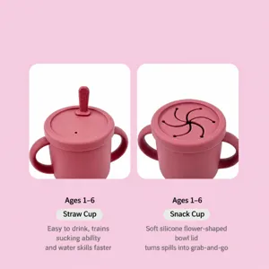 Baby silicone training cup and snack cup set with straw and petal lid for toddlers 1-6 years.