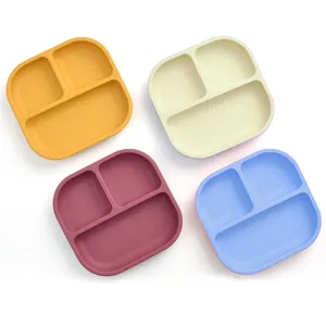 Silicone baby divided plate set, 4-color square toddler feeding suction dishes with 3 compartments