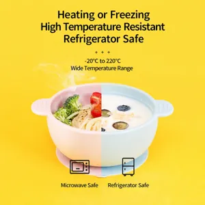 Baby silicone suction bowl detail view, dual handles, microwave and freezer safe design.