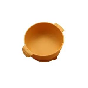 Baby silicone suction bowl with double handles for toddler feeding, orange food grade.