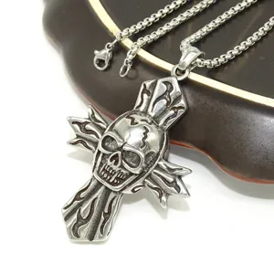 Stainless steel skull cross pendant necklace, punk gothic style men's jewelry accessory.