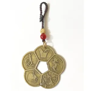Vintage brass plum blossom pendant decorative charm with woven cord lucky hanging ornament