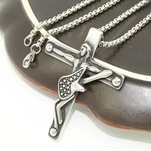Stainless steel cross pendant necklace with a detailed figural design on a sturdy chain.