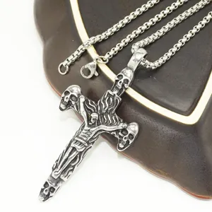 Stainless steel gothic skull cross pendant necklace for men punk biker jewelry style.