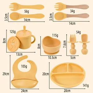 Silicone baby feeding set details showing dimensions and weight of plates, bowls, bibs and spoons.