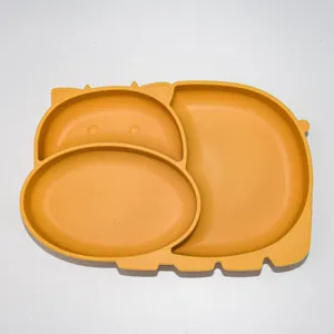 Cute silicone divided baby plate, cartoon animal shape toddler feeding dish for food.