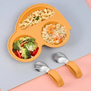 Baby Silicone Divided Dinner Plate Cute Car Shape Toddler Feeding Dish With Spoon Fork Tableware Set