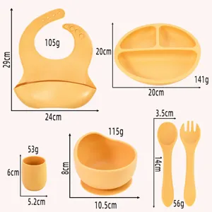 Detailed dimensions and weights of the silicone baby feeding set including bib, plate, and bowl.