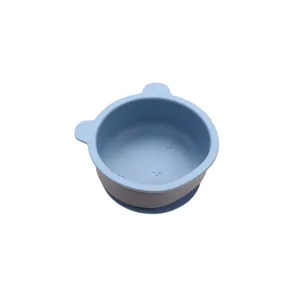 Blue silicone baby suction bowl with cute bear ears for toddler self feeding tableware