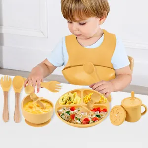 Set Pappa in Silicone per Neonato Piatto Diviso Bavaglino Forchetta Cucchiaio Tazza
