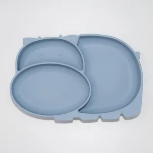 Blue silicone baby divided plate, cartoon animal shape toddler feeding dish for food.