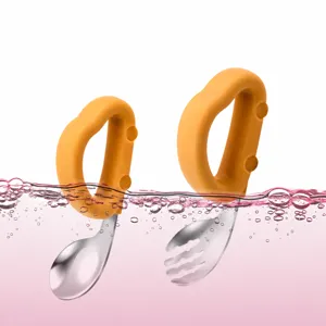 Kids Stainless Steel Spoon Fork Set Short Silicone Handle Baby Tableware Detail View