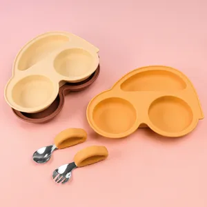 Silicone baby suction car plate set with stainless steel spoon and fork for toddler feeding.