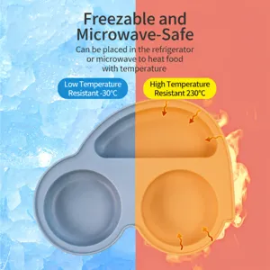 Silicone baby suction plate detailed view showing high temperature and cold resistance.