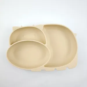 Silicone baby feeding plate with divided compartments, cute animal shape for toddler daily meals.