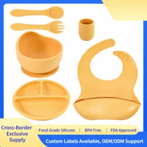Baby Silicone Feeding Set Infant Weaning Tableware Toddler Divided Plate Bowl Bib Fork Spoon Drinking Cup Kids Safe