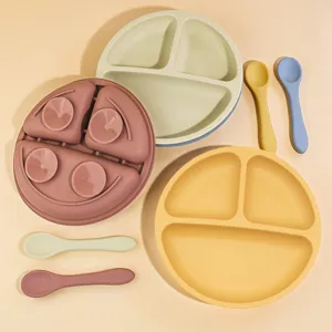 Baby Silicone Suction Dinner Plate And Spoon Set Partitioned Toddler Feeding Dish Food Grade Kitchen Tableware