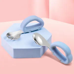 Baby Fork And Spoon Set Food Grade Silicone Car Shape Short Handle Stainless Steel Training Tableware For Infant Feeding