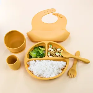 Silicone Baby Feeding Set Featuring Divided Suction Plate Bib Bowl Cup Spoon and Fork