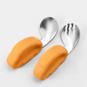 Toddler training fork and spoon set with food-grade silicone handles and 316 stainless steel.