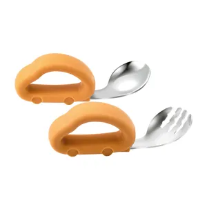 Silicone car handle kids stainless steel fork and spoon set for baby feeding main image