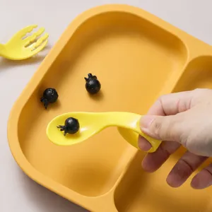Baby Silicone Suction Plate Set Divided Toddler Dinner Plate with Spoon and Fork Yellow