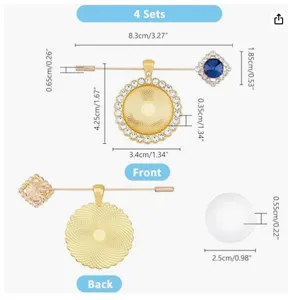 DIY brooch tray blank base set with rhinestones and glass cabochon, 4 sets included.