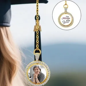 Custom graduation cap charm photo pendant with sparkling rhinestones and personalized memory keepsake.