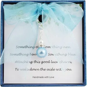 Bridal blue pearl bouquet charm wedding good luck gift accessory with ribbon detail gift box.
