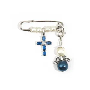 Blue rhinestone cross pearl angel wings safety pin brooch bridal gift accessory detail