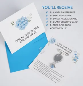 Detailed view of the wedding memorial angel pin set, featuring cards, envelope, and glue.