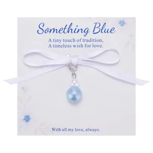 Bridal charm blue pearl pendant bouquet accessory with white ribbon and greeting card