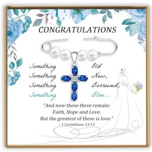 Bridal Wedding Guardian Angel Artificial Pearl Brooch Blue Cross Pendant Bouquet Accessory Fashion Jewelry