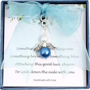 Bridal wedding guardian angel charm pendant with blue ribbon pearl handmade gift accessory main