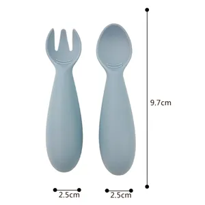 Silicone baby fork and spoon detail view, soft feeding utensils for infants and toddlers.