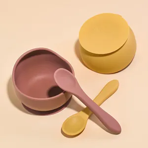 Detailed view of baby silicone suction bowl and spoon set, food grade material, safe and durable.