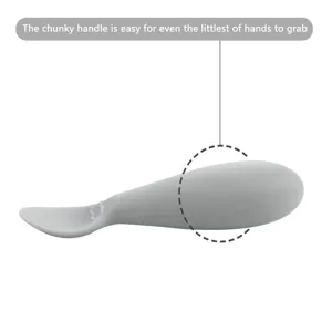 Silicone baby spoon with chunky handle for easy grip, safe infant feeding utensil, grey.