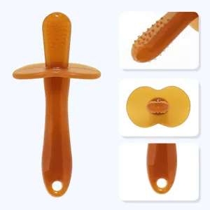 Silicone baby teething stick detail view, amber liquid silicone safe molar toy for infants.