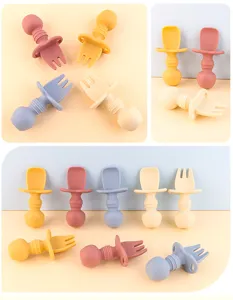 Kit cuillère fourchette apprentissage silicone bébé ustensiles repas enfant pastel sûr