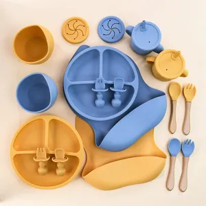 Detailed close-up showing the components of the baby silicone tableware set in blue and yellow.